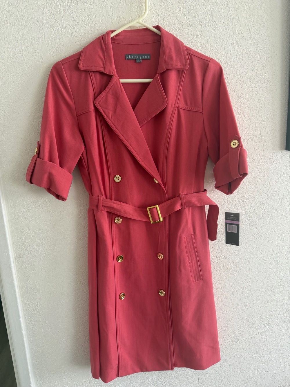 Sharagano Coral Red Double-Breasted Trench Dress